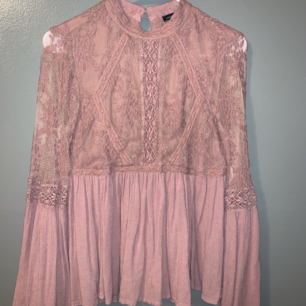 American Eagle High Neck Bell Sleeve Lace Top